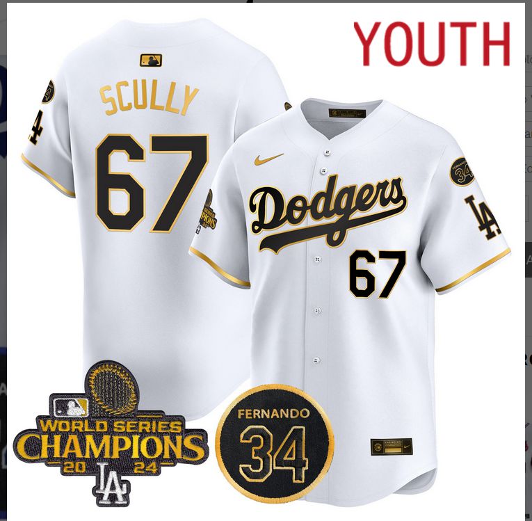 Youth  MLB Los Angeles Dodgers #67 Scully white 2024 World Series Champions Patch Limited Jersey style 2->youth mlb jersey->Youth Jersey